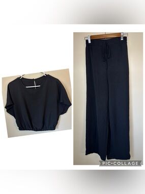 SHEIN MEDIUM Black Short Sleeve Cropped Top with Gathered Hem & Wide Leg Pants